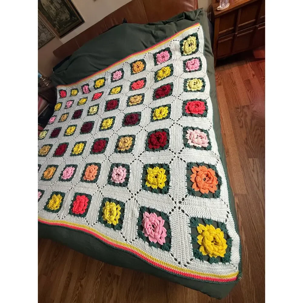 Vintage Granny 3D Rose Square Crochet Afghan Blanket Multi Color Handmade Flower